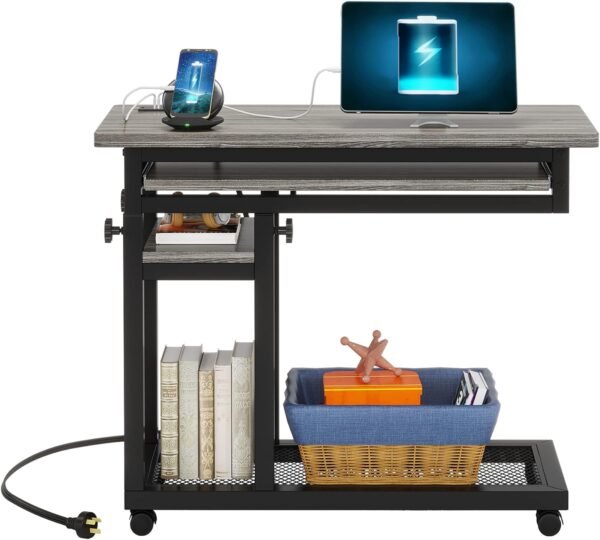 Tribesigns Small Portable Desk with Power Outlet, Height Adjustable Sofa Couch Bedside Laptop Table with Wheels, Mobile Standing Desk Rolling Computer Cart C Side Table with USB Ports - Image 9