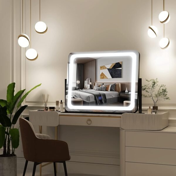 FENNIO Vanity Mirror with Lights 22"x19"LED Lighted Makeup Mirror,Large Makeup Mirror with Lights,Touch Screen with 3-Color Lighting,Led Mirror Makeup,Dimmable,for Vanity Desk Tabletop - Image 3