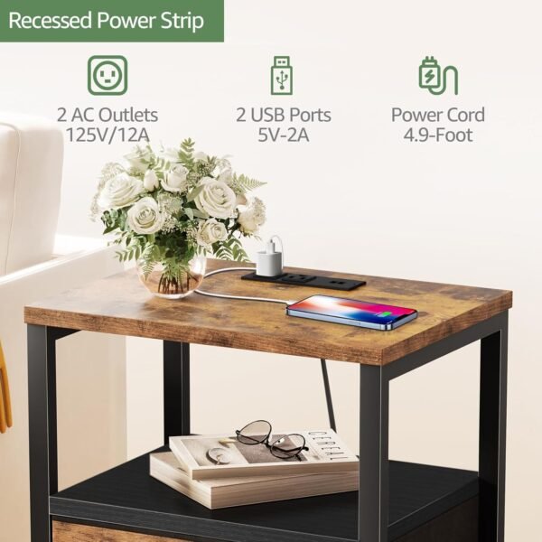 Night Stand with Charging Station and USB Ports, Small Nightstand with Drawers and Shelf Storage End Table for Bedroom, Dorm, Modern Bedside Table Brown… - Image 5