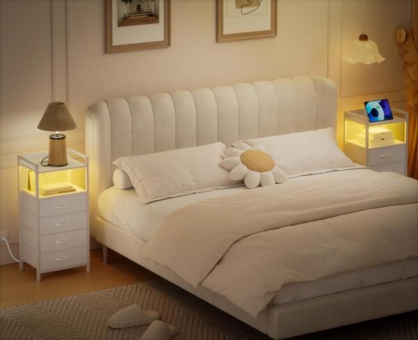 Furnulem White Nightstand with Charging Station, Night Stand Side Table with Led Light, Tall Dresser for Bedroom with 4 Fabric Storage Drawers, Metal Frame, Wood Shelf(White) - Image 2