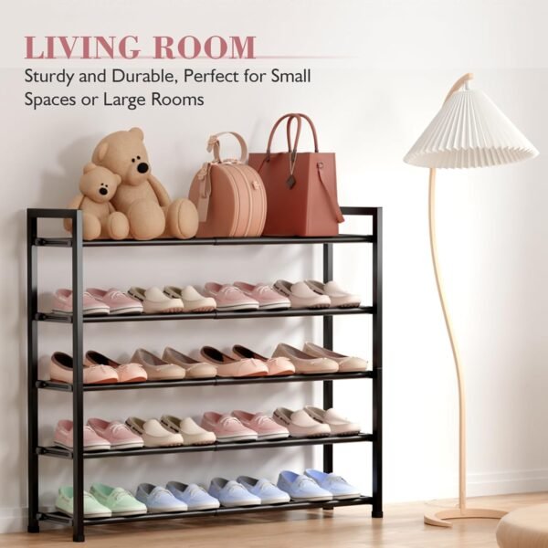 5-Tier Expandable Shoe Rack for Closet, 18“-33” Adjustable Shoe Rack for Small Space, Small Shoe Organizer for Front Door, Sturdy Metal (Black) - Image 4