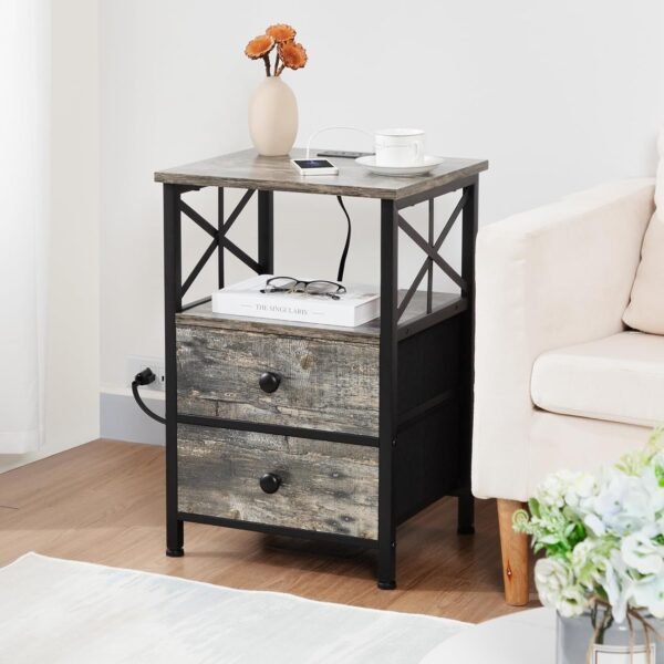AMHANCIBLE Night Stand Set 2, Nightstand with Charging Station, End Tables Living Room with USB Ports and Outlets, Bedside Tables with Fabric Drawers for Bedroom, Ink Grey HET05XKG - Image 7