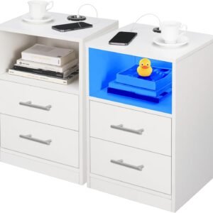 PrimeZone LED Nightstand with Charging Station – Modern End Table Bedside Table with 3 USB Ports, Wooden Bedroom Night Stand with 2 Drawers & Open Storage, White, Set of 2