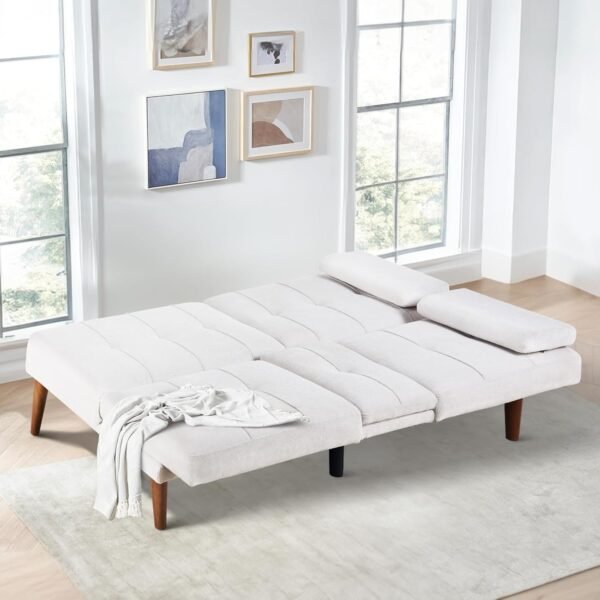 COLAMY Futon Sofa Bed-Fabric Small Futon Couch, Futon Lounge Sofa, Futon Convertible with 2 Cup Holders, Removable Soft Armrest, Adjustable Backrest for Dorm/Bedroom/College Beige - Image 2