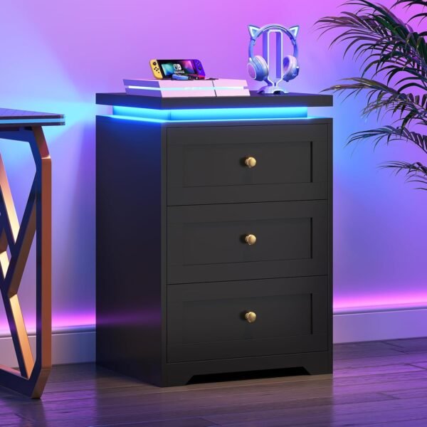 VIAGDO Black Night Stand Set 2 with Charging Station, Nightstand Set of 2 with 3 Storage Drawers, Modern LED Nightstands with Lights, Large Bedside Tables with USB Ports and Outlets for Bedroom, Dorm - Image 6