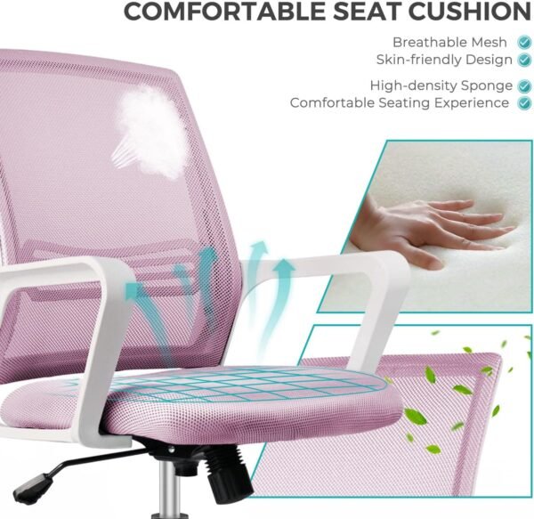 Office Chair, Desk Chair Ergonomic Pink Office Chair Computer, Home Desk Chairs with Wheels Desk Chair, Mid Back Mesh Office Chair Rolling Swivel Chair with Lumbar Support Armrests - Image 4