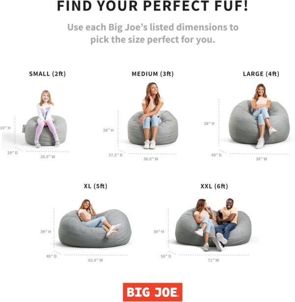 Big Joe Fuf Large Foam Filled Bean Bag Chair with Removable Cover, Black Lenox, Durable Woven Polyester, 4 feet Big - Image 8