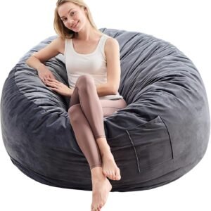 Bean Bag Chair for Adults – BeanBag Chairs with Soft Cover – Furniture Round Fluffy Couch Sofa for Living Room Lounge Bedroom College Dorm – Gifts for Gaming Reading Relaxing, 4 Feet, Charcoal