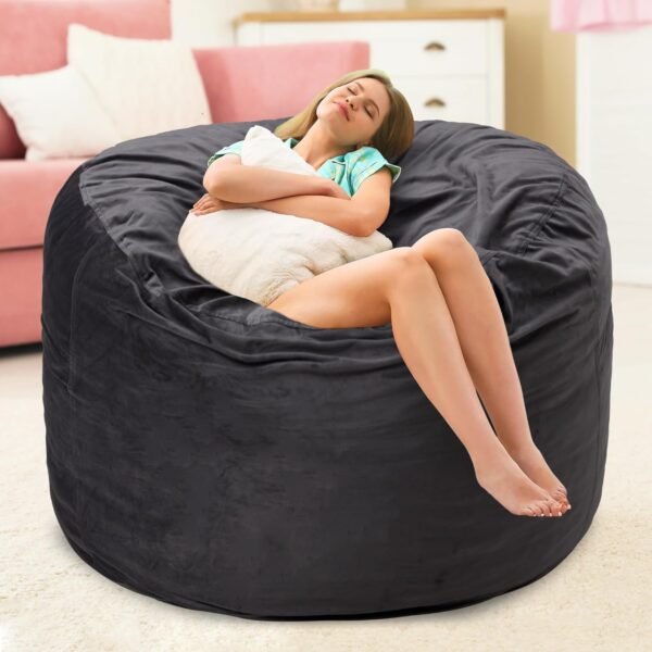 4FT Bean Bag Chairs for Adults with Filling,Big BeanBag Chair with Pocket&Handle,Memory Foam Bean Bags with Velvet Cover for Living Room Bedroom (Grey) - Image 2