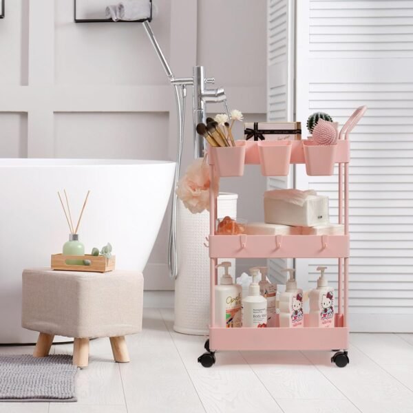danpinera Slim Storage Cart, 3 Tier Narrow Rolling Cart on Wheels Bathroom Organizer Cart with Dividers Handle Hanging Cups Hooks for Laundry Room Kitchen Small Spaces, Pink - Image 7