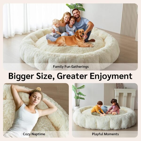 BYBYME Fluffy Soft Bean Bag Bed, Human Round Cloudy Dog Bed, Extra Wider Full Floor Mattress with Long Faux Fur Cover, Beige, 80x80 Inch - Image 5
