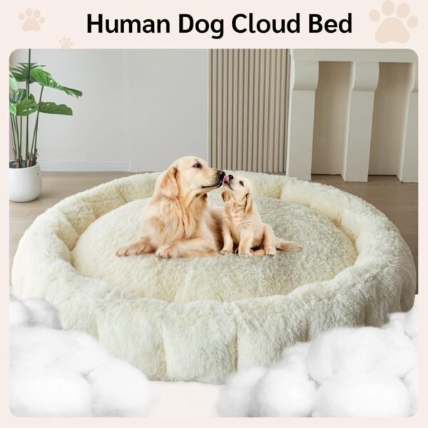 BYBYME Fluffy Soft Bean Bag Bed, Human Round Cloudy Dog Bed, Extra Wider Full Floor Mattress with Long Faux Fur Cover, Beige, 80x80 Inch - Image 4
