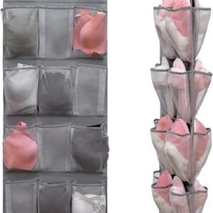 Dual Sided Hanging Shoe Organizer for Closet with Rotating Hanger Hanging Shoe Rack Holder with 24 Large Pockets (Grey-Mesh Pockets)