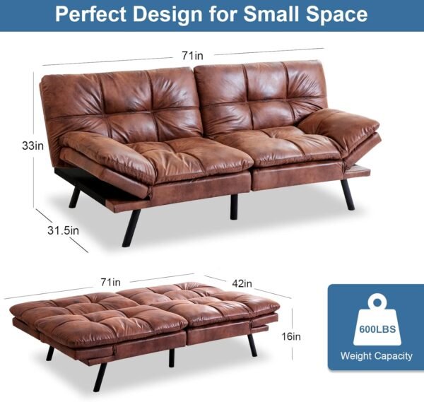 Maxspeed Sofa Bed Couch, Memory Foam Futon Sofa Bed with Mattress and Frame Included,Comfortable Brown Faxu Leather Loveseat Sleeper Sofa for Dorm Apartment Office College Small Space Bedroom - Image 3
