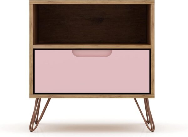 Manhattan Comfort Rockefeller Nightstands Set of 2 with Drawer and Cubby, Ideal for Bedroom and Living Room, Bedside Table with Mid Century Modern Design, Functional Storage Organizer, Pink - Image 4