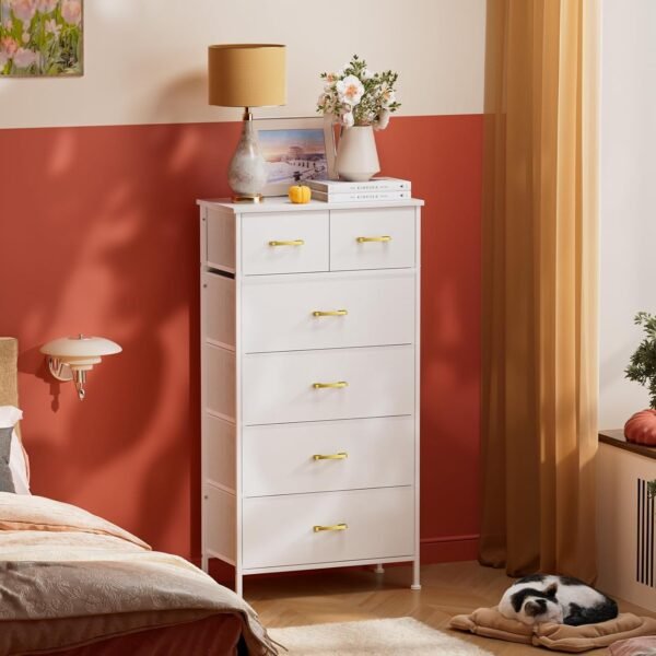 Tall Dresser with 6 Drawers, White Dresser for Bedroom, Tall Storage Tower for Closet, Nursery, Dorm, Dresser Organizer with Sturdy Steel Frame, Fabric Bins, Leather Finish, Wood Top, White - Image 2