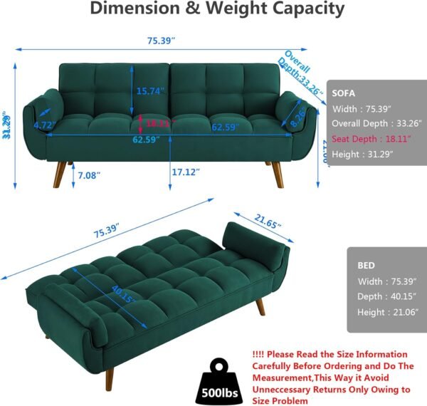 Setawix Linen Futon Sofa Couch,Convertible Sleeper Sofa Bed for Living Room Small Spaces,Tufted Futons with Split Back,Modern Guest Sofa Bed Twin Sleeper with Pillow Arms (Linen Green) - Image 2