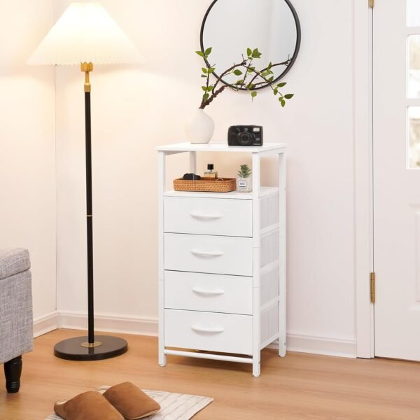 Yoobure Night Stand - LED White Nightstand with Charging Station, Bedside Table with 4 Storage Drawers and Storage Shelf, End Table with USB Ports and Outlets, Fabric Dresser for Bedroom - Image 9