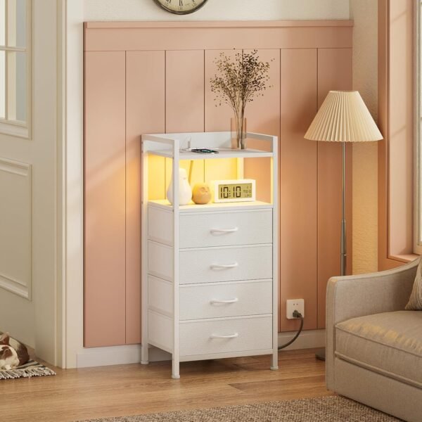 Furnulem White Nightstand with Charging Station, Night Stand Side Table with Led Light, Tall Dresser for Bedroom with 4 Fabric Storage Drawers, Metal Frame, Wood Shelf(White) - Image 8
