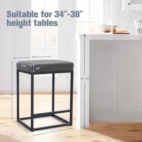 Grey Counter Height Bar Stools Set of 3 for Kitchen Counter 24 Inch Backless Modern Barstools Industrial Upholstered Faux Leather Stools Farmhouse Island Chairs,Support 330 LBS, Grey - Image 2