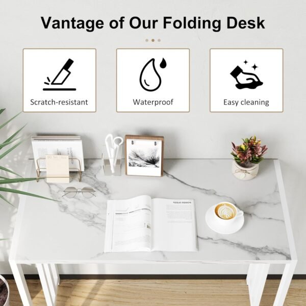 EMODA Folding Computer Desk 40 inch, No Assembly Needed Home Office Table Study Writing Gaming Desk, White Marble - Image 7