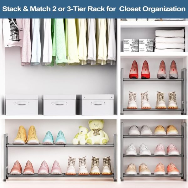 2-Tier Expandable Shoe Rack for Closet, 18“-33” Adjustable Shoe Rack for Small Space, Small Shoe Organizer for Front Door, Sturdy Metal, Gray - Image 4