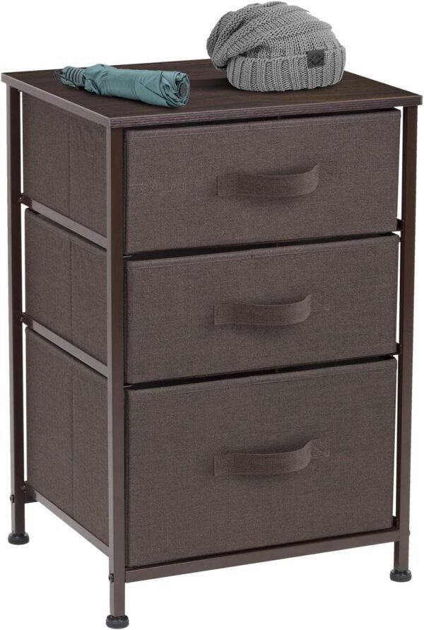 Sorbus Nightstand with 3 Drawers - Bedside Furniture & Accent End Table Chest for Home, Bedroom Accessories, Office, College Dorm, Steel Frame, Wood Top, Easy Pull Fabric Bins (Brown) - Image 5