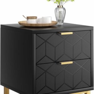 IDEALHOUSE Black Nightstand, Modern 2 Drawer Dresser for Bedroom, Large End Side Table Bedside Table with 2 Drawers, Wooden Night Stand with Metal Legs for Bedroom, Hallway, Entryway