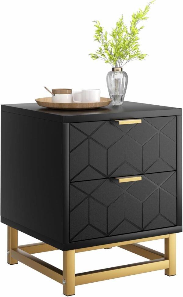 IDEALHOUSE Black Nightstand, Modern 2 Drawer Dresser for Bedroom, Large End Side Table Bedside Table with 2 Drawers, Wooden Night Stand with Metal Legs for Bedroom, Hallway, Entryway