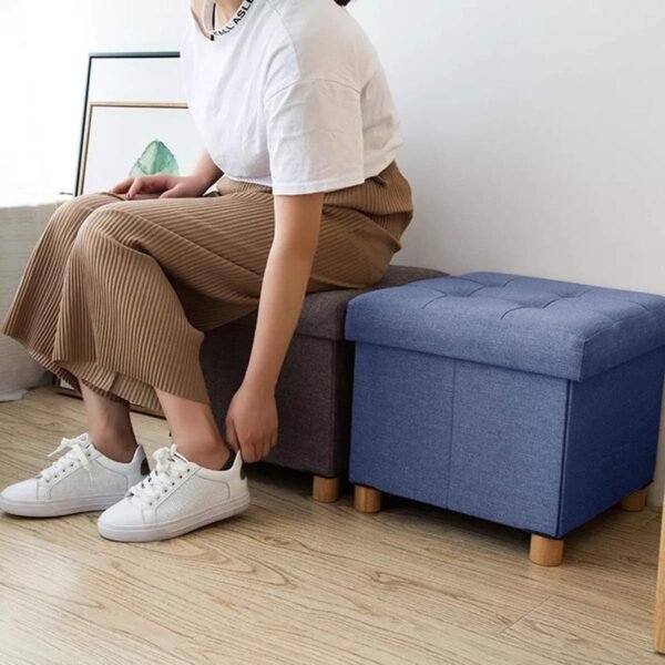 BRIAN & DANY Foldable Storage Ottoman Footrest and Seat Cube with Wooden Feet and Lid, Blue 15” x15” x14.7” - Image 2