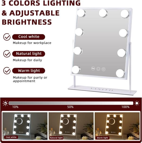 VANITII Vanity Mirror with Lights Hollywood Lighted Makeup Mirror with 9 Dimmable Bulbs Smart Touch Control 3 Colors Light for Bedroom, Detachable 10X Magnification, 360°Rotation - Image 3