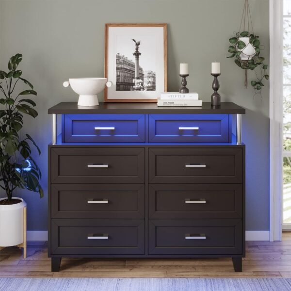 AOGLLATI Dresser for Bedroom with Column Design, Black Dresser with Cladding Process Design, 8 Drawer Short Modern Wide Bedroom LED Dresser for Bedroom - Image 8