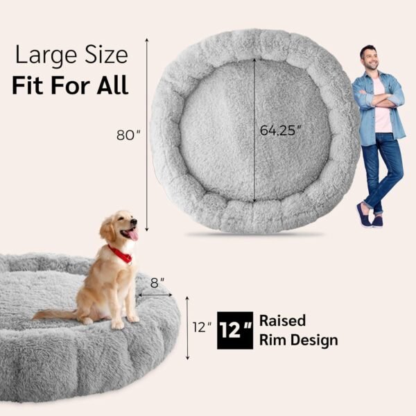 BYBYME Fluffy Soft Bean Bag Bed, Human Round Cloudy Dog Bed, Extra Wider Full Floor Mattress with Long Faux Fur Cover, Grey, 80x80 Inch - Image 2
