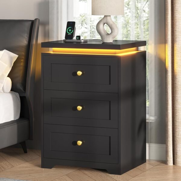 VIAGDO Black Night Stand Set 2 with Charging Station, Nightstand Set of 2 with 3 Storage Drawers, Modern LED Nightstands with Lights, Large Bedside Tables with USB Ports and Outlets for Bedroom, Dorm - Image 8
