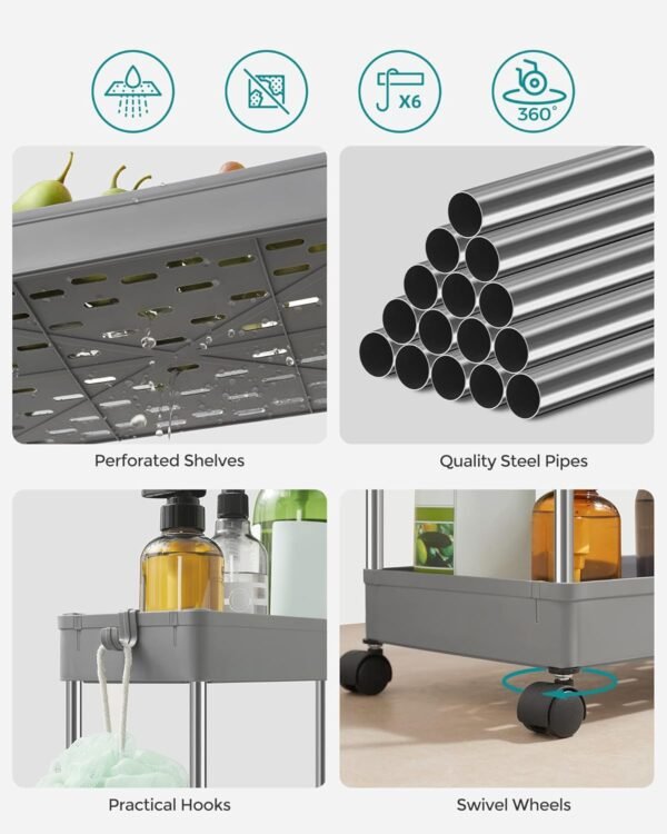 SONGMICS Slim Storage Cart, 3-Tier Rolling Cart, Narrow Utility Cart on Wheels, 6 Hooks, 360° Swivel Wheels, Lockable, Steel Frame, Bathroom, Kitchen, Office, Dove Gray UKSC009G01 - Image 5
