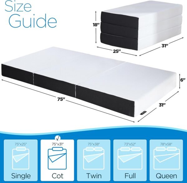 Folding Mattress, 6 inch Cot Tri-fold Memory Foam Mattress Topper with Washable Cover,Cooling Mattress Pad for College Dorm Single Bed,Foldable Floor Mattress Guest Bed for Camping 75"x31"x6" - Image 2