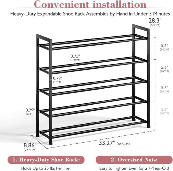 5-Tier Expandable Shoe Rack for Closet, 18“-33” Adjustable Shoe Rack for Small Space, Small Shoe Organizer for Front Door, Sturdy Metal (Black) - Image 2