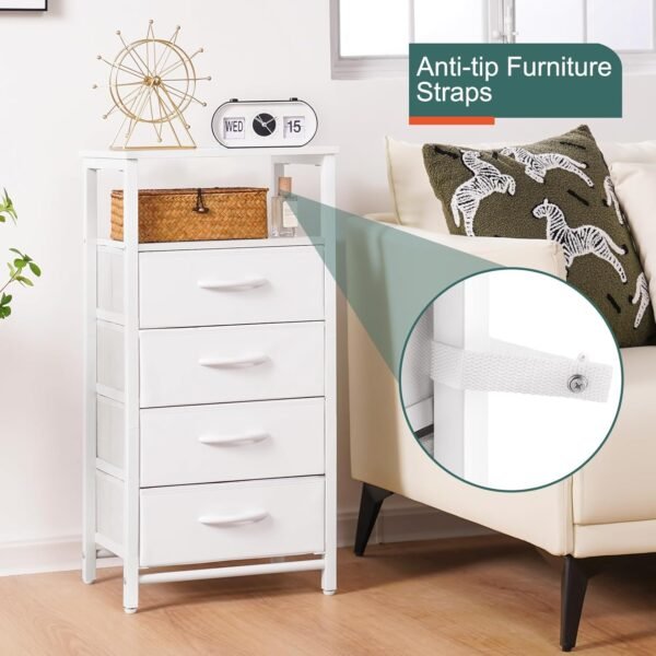 Yoobure Night Stand - LED White Nightstand with Charging Station, Bedside Table with 4 Storage Drawers and Storage Shelf, End Table with USB Ports and Outlets, Fabric Dresser for Bedroom - Image 8