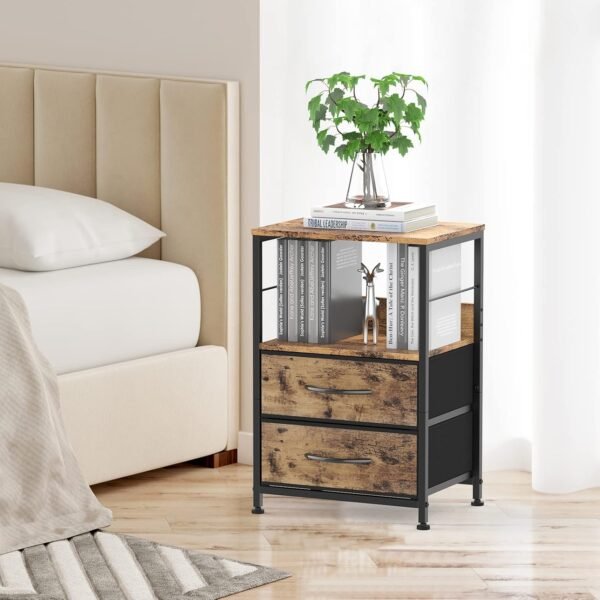 YBING Nightstand Bedroom End Table with 2 Drawers and Open Shelf Wood Industrial Bedside Table with Fabric Storage for Bedroom Living Room Sturdy Dorm Brown - Image 5
