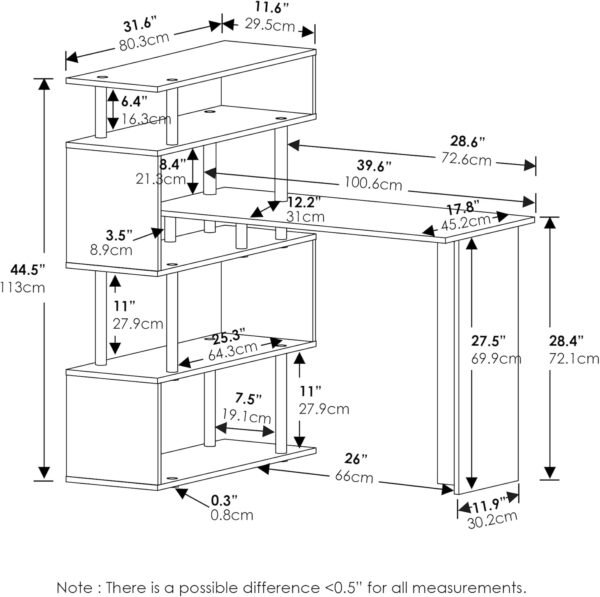 Furinno Classic L-Shape Computer Desk, Writing Desk with 5-Tier S-Shaped Side Shelves, Americano/Black - Image 2
