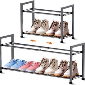 2-Tier Expandable Shoe Rack for Closet, 18“-33” Adjustable Shoe Rack for Small Space, Small Shoe Organizer for Front Door, Sturdy Metal, Gray