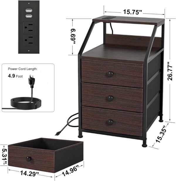 REAHOME Nightstand, Brown Night Stands with Charging Station, Bedside Tables with 3 Fabric Drawers and 2-Tier Storage Shelves, Modern Side Table for Bedroom Living Room - Rustic Brown - Image 3