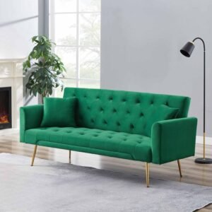 Velvet Sofa Bed Futon w/2 Pillows, Modern Convertible Sleeper Couch, Folding Upholstered Recliner Loveseat, 3-Angle Adjustable, 2-in 1Memory Foam Living Seat for Office Studio (Green)