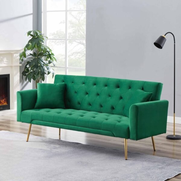 Velvet Sofa Bed Futon w/2 Pillows, Modern Convertible Sleeper Couch, Folding Upholstered Recliner Loveseat, 3-Angle Adjustable, 2-in 1Memory Foam Living Seat for Office Studio (Green)