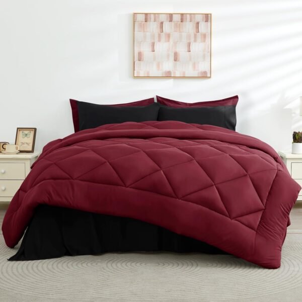 5 Pieces Twin XL Comforter Set, Dorm Bedding Sets, Back to School Bed in a Bag 5 PCS, Down Alternative Sets with Comforter, Flat Sheet, Fitted Sheet, Pillowcase & Pillow Sham, Burgundy Red & Black - Image 7