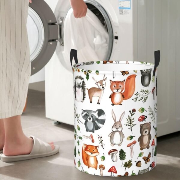 Cute Woodland Animals Laundry Hamper with Durable Handle Waterproof Collapsible Laundry Basket Circular Dirty Clothes Storage Basket for Bedroom Bathroom and Nursery - Image 7
