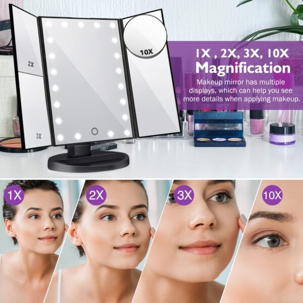 Makeup Mirror Vanity Mirror with Lights, Lighted Makeup Mirror with 1X 2X 3X 10X Magnifying, Touch Control Design, Dual Power Supply, Portable LED Makeup Mirror, Women Gift (Black+10X) - Image 2