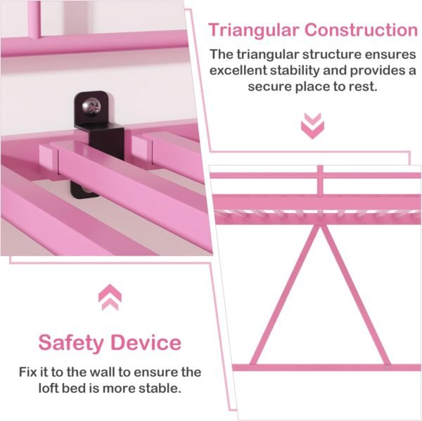VECELO Metal Loft Bed Twin Size, Heavy Duty Bedframe with Removable Ladder and Safety Guardrail, Space-Saving, Noise Free, No Box Spring Needed, Pink - Image 4