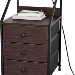 REAHOME Nightstand, Brown Night Stands with Charging Station, Bedside Tables with 3 Fabric Drawers and 2-Tier Storage Shelves, Modern Side Table for Bedroom Living Room – Rustic Brown