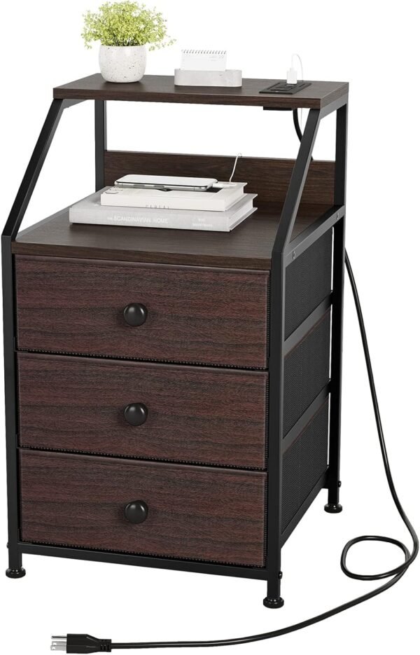 REAHOME Nightstand, Brown Night Stands with Charging Station, Bedside Tables with 3 Fabric Drawers and 2-Tier Storage Shelves, Modern Side Table for Bedroom Living Room - Rustic Brown